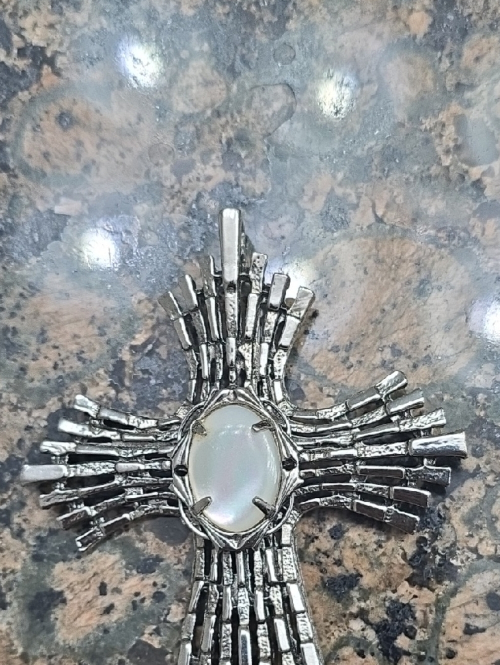 Silver Cross Pendant with Iridescent Opal Center